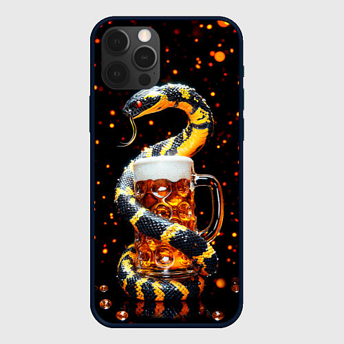 Чехол iPhone 12 Pro Змея с кружкой пива в новогоднюю ночь / 3D-Черный – фото 1