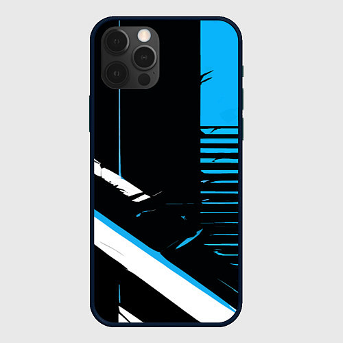 Чехол iPhone 12 Pro Полосы на чёрном фоне сине-белые / 3D-Черный – фото 1