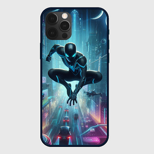 Чехол iPhone 12 Pro Spider-man in the neon metropolis / 3D-Черный – фото 1