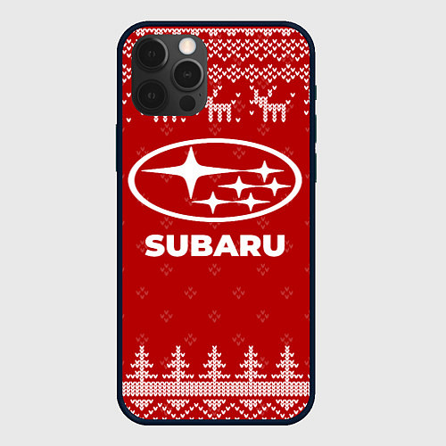 Чехол iPhone 12 Pro Новогодний Subaru с оленями / 3D-Черный – фото 1