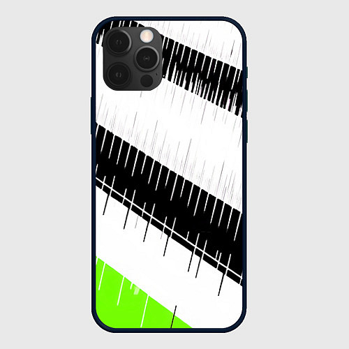 Чехол iPhone 12 Pro Диагональные чёрно-белые полосы на зелёном фоне / 3D-Черный – фото 1