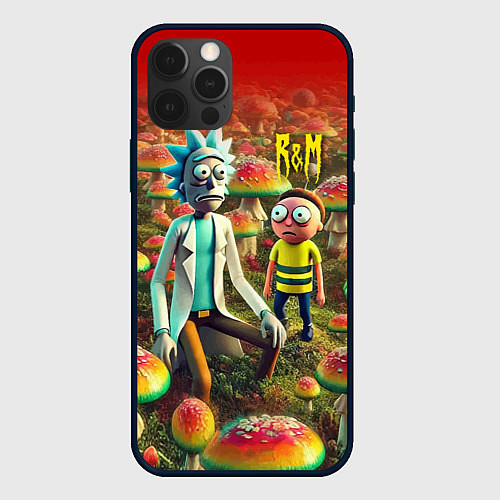 Чехол iPhone 12 Pro Рик и Морти заблудились в мухоморном поле / 3D-Черный – фото 1