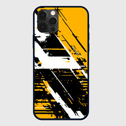 Чехол iPhone 12 Pro Diagonal black and white stripes on a yellow backg