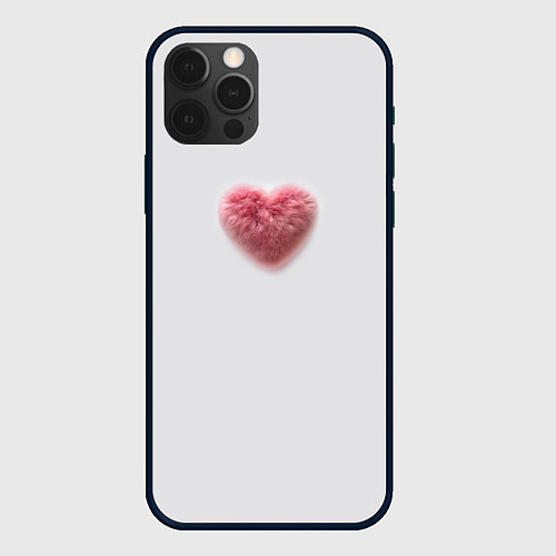 Чехол iPhone 12 Pro Розовое объемное сердце из меха на сером фоне / 3D-Черный – фото 1