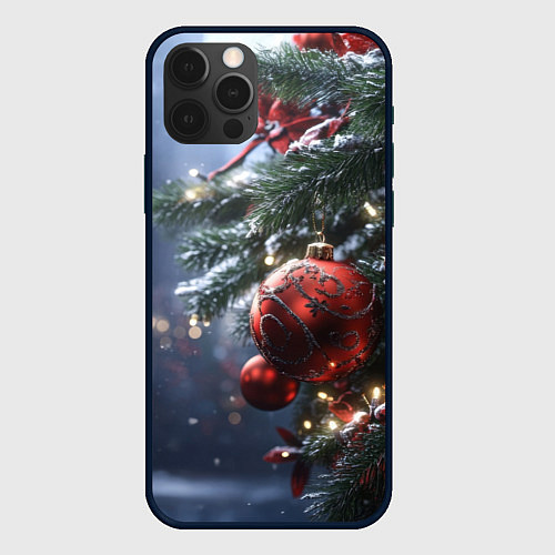 Чехол iPhone 12 Pro Красные новогодние шары с узорами / 3D-Черный – фото 1