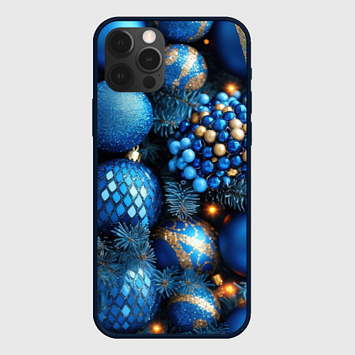 Чехол iPhone 12 Pro Синие новогодние игрушки на елке / 3D-Черный – фото 1