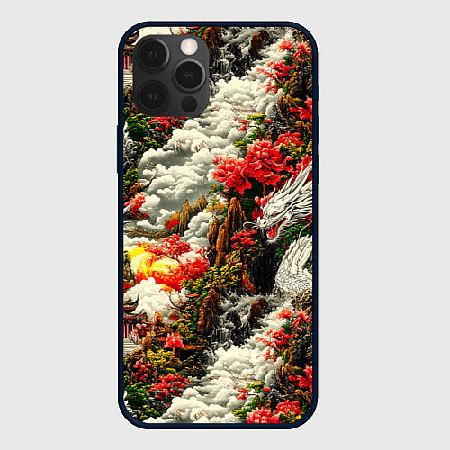 Чехол iPhone 12 Pro Дракон в небесном храме - нейросеть / 3D-Черный – фото 1