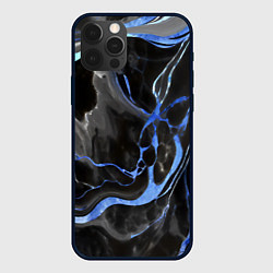 Чехол iPhone 12 Pro Синие флюиды на чёрном фоне