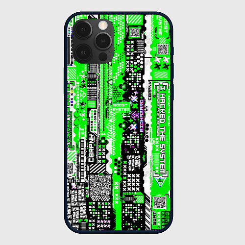 Чехол iPhone 12 Pro Киберпанк паттерн зелёный / 3D-Черный – фото 1