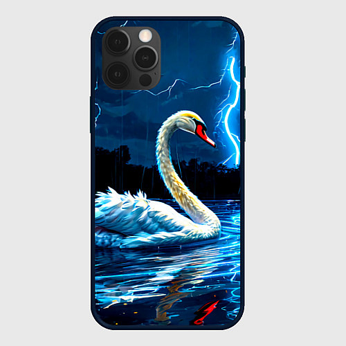 Чехол iPhone 12 Pro Лебедь на пруду в гразу / 3D-Черный – фото 1
