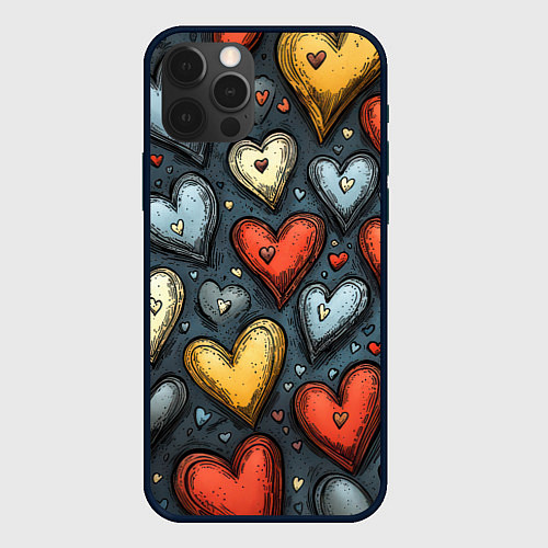 Чехол iPhone 12 Pro Разноцветные сердца / 3D-Черный – фото 1