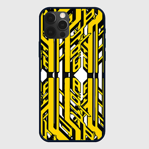 Чехол iPhone 12 Pro Чёрно-жёлтые техно полосы на белом фоне / 3D-Черный – фото 1