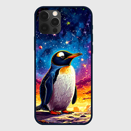 Чехол iPhone 12 Pro Пингвин в космосе / 3D-Черный – фото 1