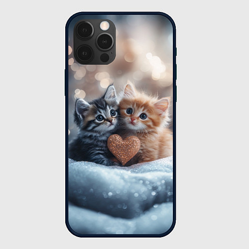 Чехол iPhone 12 Pro Влюбленные котята с сердечком / 3D-Черный – фото 1