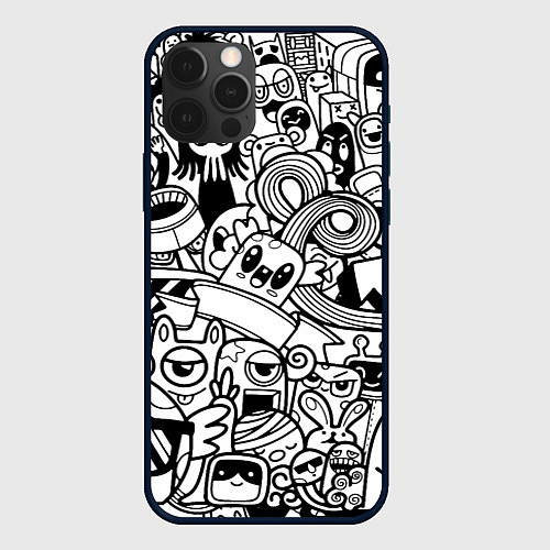 Чехол iPhone 12 Pro Black and white doddle monsters / 3D-Черный – фото 1