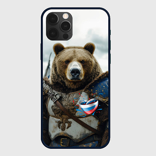 Чехол iPhone 12 Pro Медведь с флагами России / 3D-Черный – фото 1