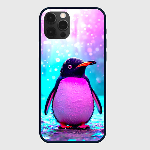 Чехол iPhone 12 Pro Пингвин в неоновых искрах / 3D-Черный – фото 1