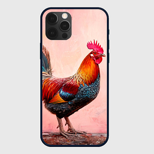 Чехол iPhone 12 Pro Петух на розовом / 3D-Черный – фото 1