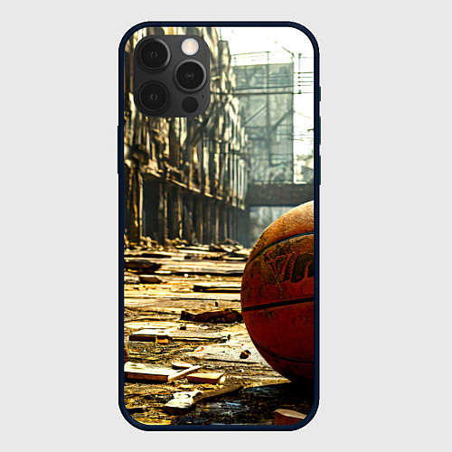 Чехол iPhone 12 Pro Баскетбольный мяч и город постапокалипсиса / 3D-Черный – фото 1