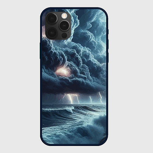 Чехол iPhone 12 Pro Шторм на море - сверкание молний / 3D-Черный – фото 1