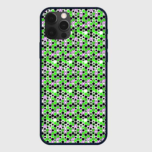 Чехол iPhone 12 Pro Киберпанк шестиугольники зелёные / 3D-Черный – фото 1