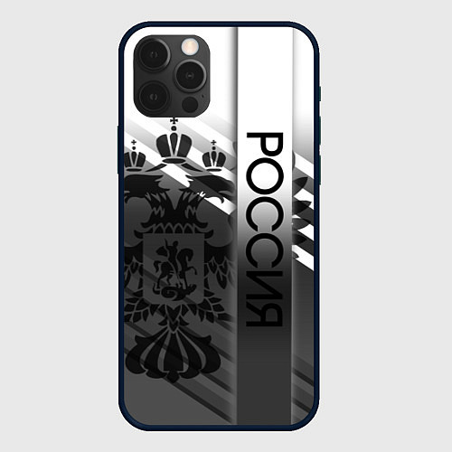 Чехол iPhone 12 Pro Россия герб и полосы серый / 3D-Черный – фото 1