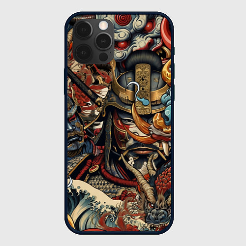 Чехол iPhone 12 Pro Дракон и самурай в стиле татуировки ирезуми / 3D-Черный – фото 1