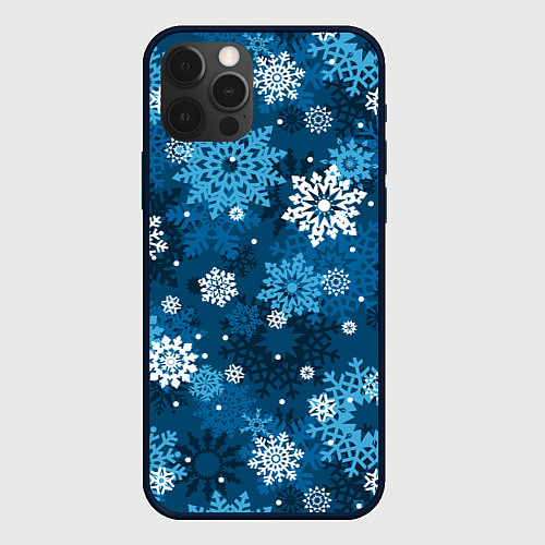 Чехол iPhone 12 Pro Снежинки белые и голубые / 3D-Черный – фото 1