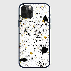 Чехол iPhone 12 Pro Черные и золотистые пятна краски на белом фоне