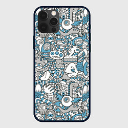 Чехол iPhone 12 Pro Дудлинг серо-голубой