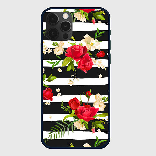 Чехол iPhone 12 Pro Красные розы на черных полосках / 3D-Черный – фото 1