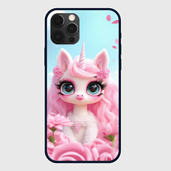 Чехол для iPhone 12 Pro Единорог в цветочном поле, цвет: 3D-черный