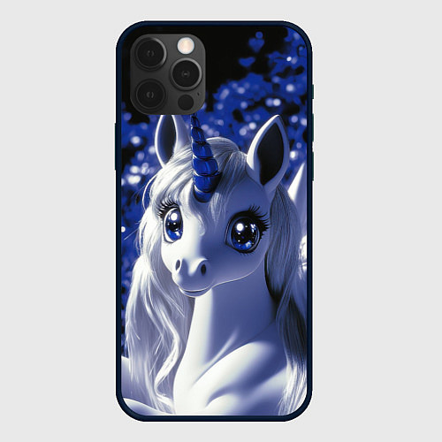 Чехол iPhone 12 Pro Единорог - синий рог / 3D-Черный – фото 1