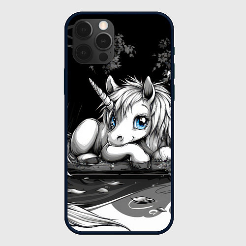 Чехол iPhone 12 Pro Белый единорог с голубыми глазами / 3D-Черный – фото 1
