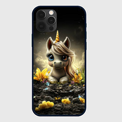 Чехол iPhone 12 Pro Белая единорожка на черном фоне