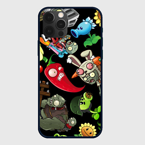 Чехол iPhone 12 Pro Растения против зомби персонажи на черном / 3D-Черный – фото 1