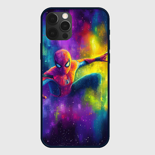 Чехол iPhone 12 Pro Человек - паук радужные краски / 3D-Черный – фото 1