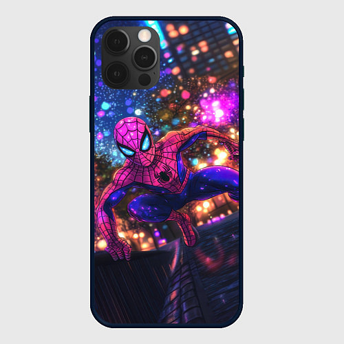 Чехол iPhone 12 Pro Человек-паук и фиолетовый свет / 3D-Черный – фото 1