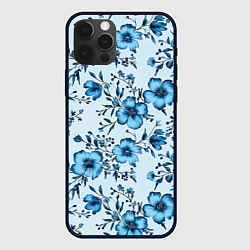 Чехол iPhone 12 Pro Голубые цветы на светлом фоне паттерн