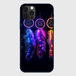 Чехол для iPhone 12 Pro Ловцы снов - свечение перьев, цвет: 3D-черный