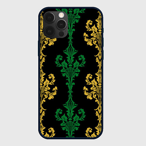 Чехол iPhone 12 Pro Узор на обоях золотой и зелёный на чёрном / 3D-Черный – фото 1