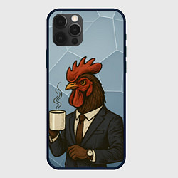 Чехол для iPhone 12 Pro Петух бизнесмен с кофе, цвет: 3D-черный
