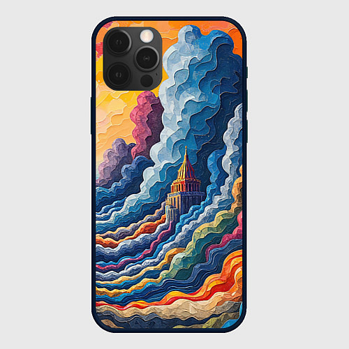 Чехол iPhone 12 Pro Красочный фантастический пейзаж с замками / 3D-Черный – фото 1
