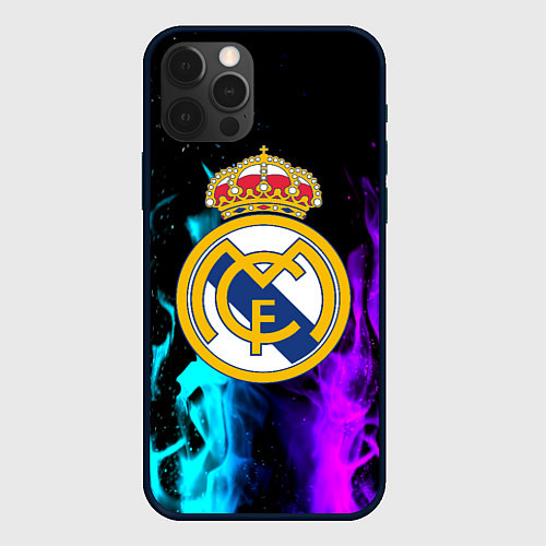 Чехол iPhone 12 Pro Real Madrid неоновый огонь / 3D-Черный – фото 1
