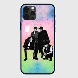 Чехол iPhone 12 Pro BTS черно-белый стиль на радужном фоне