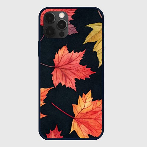 Чехол iPhone 12 Pro Кленовые листья на черном - акварельный паттерн / 3D-Черный – фото 1