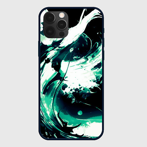 Чехол iPhone 12 Pro Чёрно-зелёный абстракция волна / 3D-Черный – фото 1
