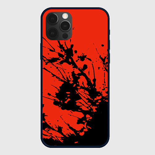 Чехол iPhone 12 Pro Взрыв чёрной краски на красно-оранжевом / 3D-Черный – фото 1