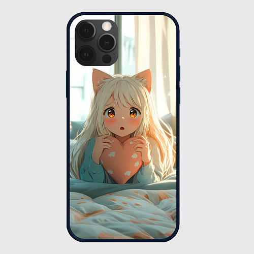 Чехол iPhone 12 Pro Аниме девушка в кровати с сердцем / 3D-Черный – фото 1