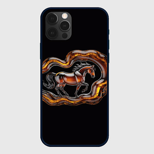 Чехол iPhone 12 Pro Стилизованная бегущая янтарная лошадь / 3D-Черный – фото 1